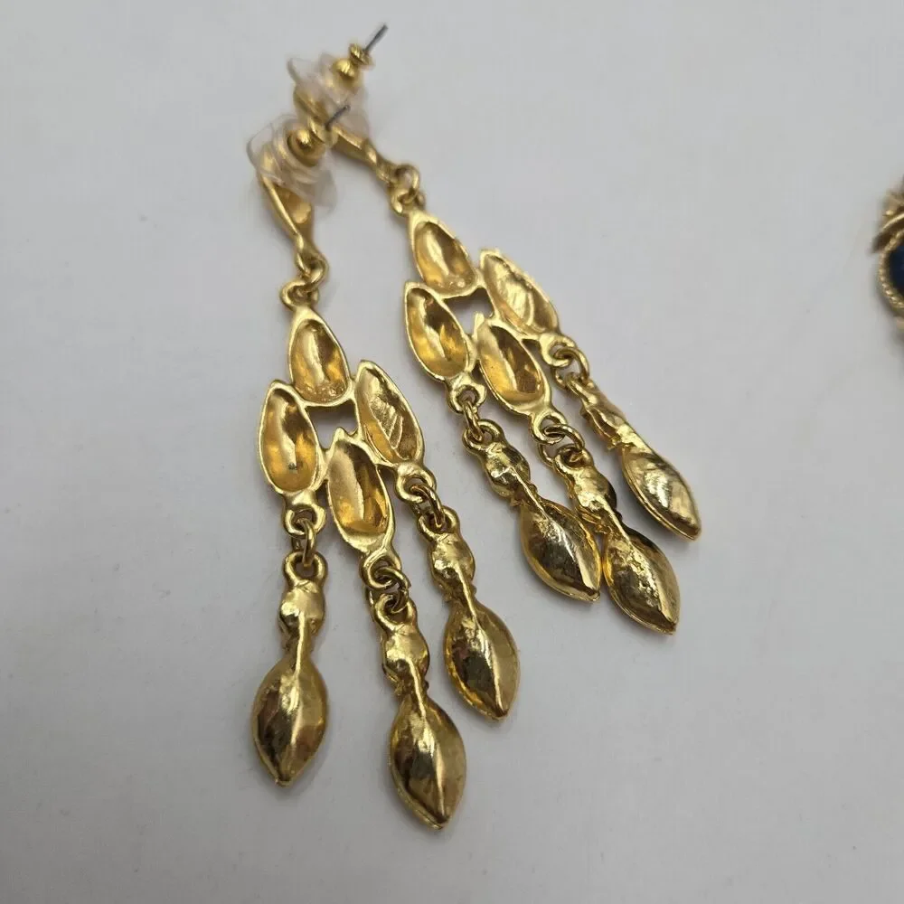Vintage Moghul Style Jeweled Tone Cabochons Matte Gold Tone Earrings Dangle